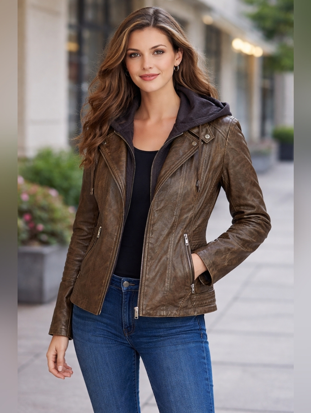 LOCK & LOVE WOMEN'S BROWN LONG SLEEVE HOODED MOTORCYCLE JACKET SIZE M